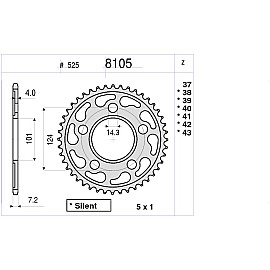 CORONA DA 43 DENTI IN ACCIAIO CEMENTATO PASSO ORIGINALE 525 KTM 950 DUKE (2004) - 950 SUPERMOTO R (05/08) - 990 SUPERDUKE / R (05/2010) - 990 SUPERMOTO / R (07/2010) - 1190 RC8 (08/09)