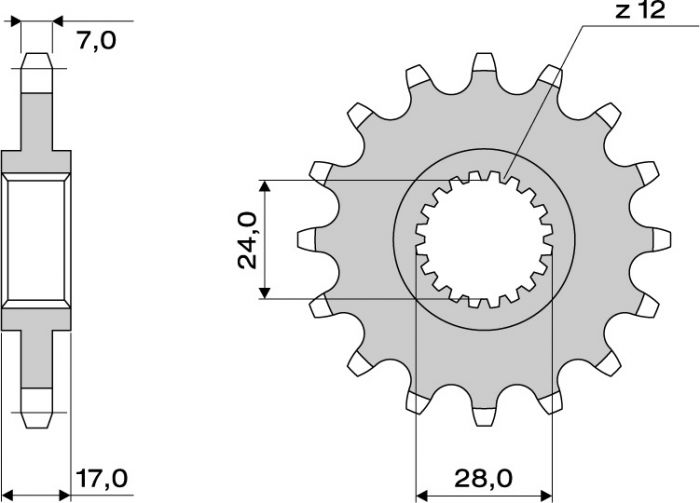 PIGNONE IN ACCIAIO CEMENTATO DA 14 DENTI  PASSO 525 HONDA CB 600 HORNET / S (1997/2006) - CBF 600 N / S / ABS (2004/2006) - CBR 600 F / F3 (1997/1998)