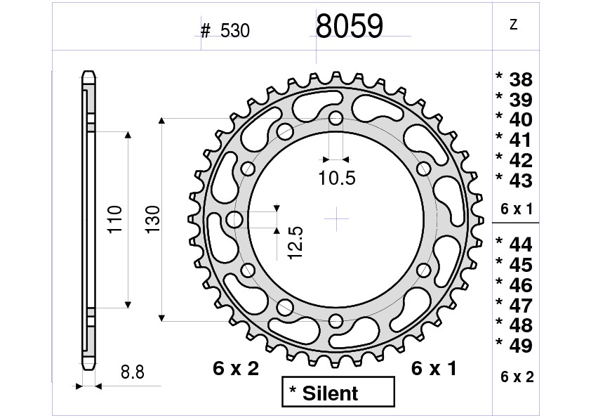 CORONA DA 43 DENTI IN ACCIAIO CEMENTATO PASSO ORIGINALE 530 YAMAHA R1 (1998-2010)