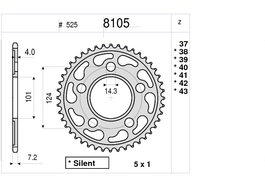 CORONA DA 43 DENTI IN ACCIAIO CEMENTATO PASSO ORIGINALE 525 KTM 950 DUKE (2004) - 950 SUPERMOTO R (05/08) - 990 SUPERDUKE / R (05/2010) - 990 SUPERMOTO / R (07/2010) - 1190 RC8 (08/09)