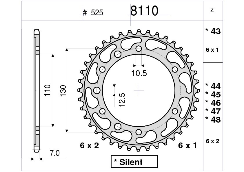 CORONA DA 45 DENTI IN ACCIAIO  PASSO 525 YAMAHA R6 600 (2006-2017) - MT-07 700 - ABS - MC Moto Cage (2014-2017) - XSR 700 (2016-2017) / SUZUKI GSX-R 600 (2011-2017) - GSX-R 750 (2011-2015) - GSX-R 1000 (2017>)